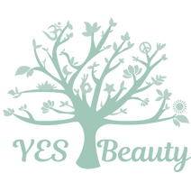 Logo of YES Beauty featuring a stylized tree with flowers and peace symbols, representing natural beauty.