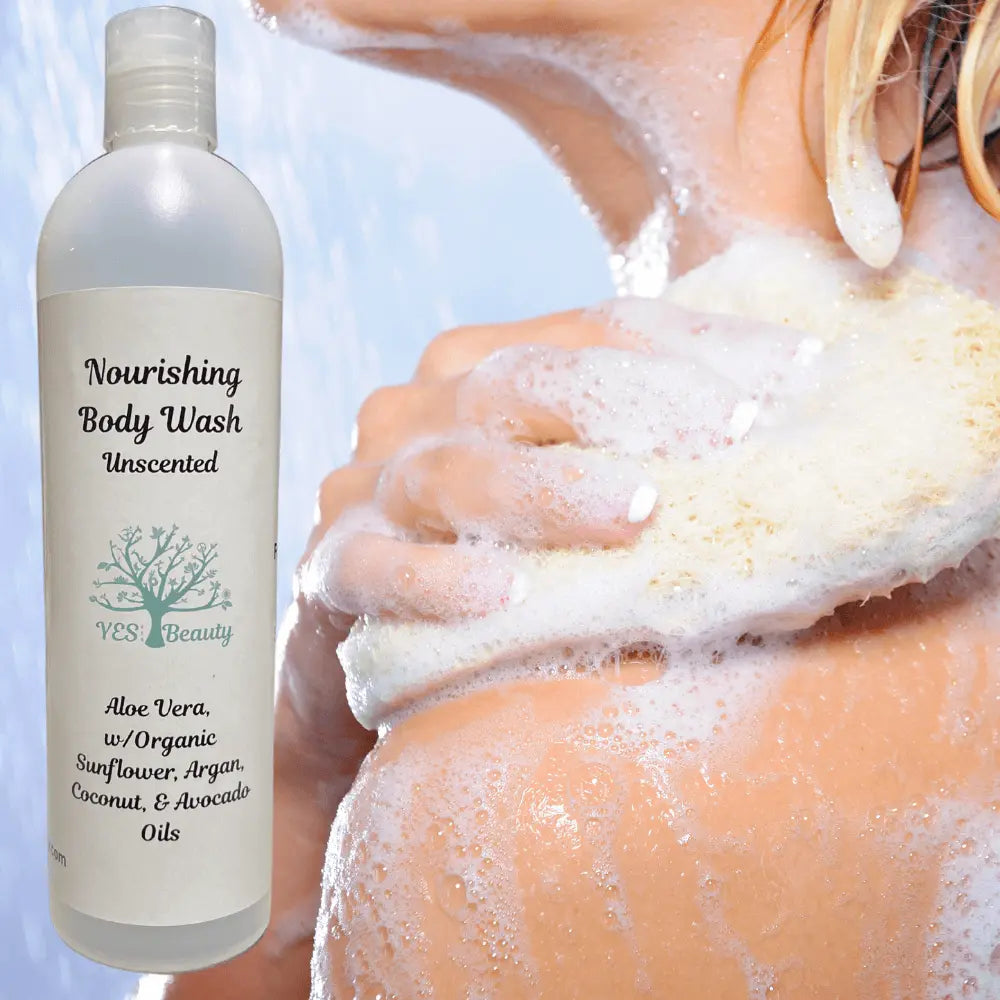 Nourishing Body Wash with organic oils, unscented for a moisturizing shower experience.