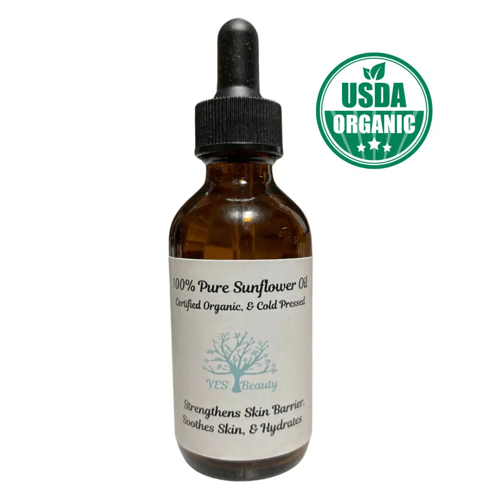 Bottle of 100% Pure Organic Sunflower Oil, USDA certified, for skin and hair nourishment and hydration.